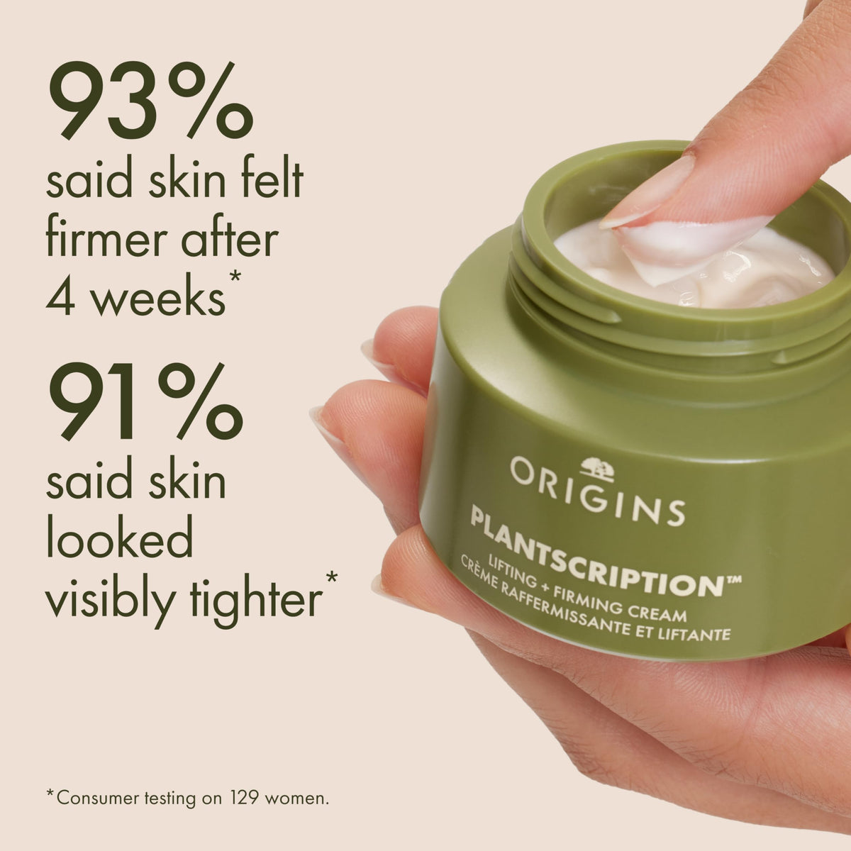 Origins Plantscription cream texture close-up emphasizes smooth skin.