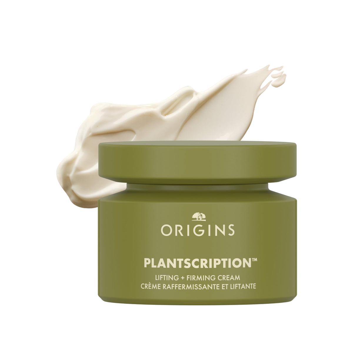 Origins Plantscription moisturizer jar showing creamy texture for firmer, hydrated skin.