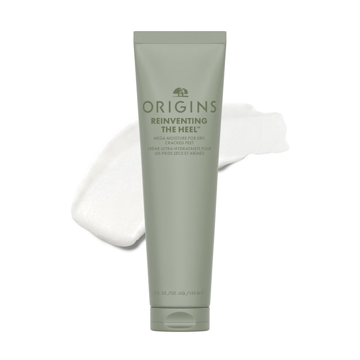 Origins Reinventing the Heel Foot Cream front label showing nourishing ingredients for daily foot care.