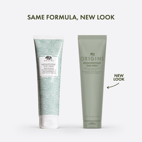 Origins Reinventing the Heel Foot Cream texture swirl highlighting creamy, exfoliating formula.