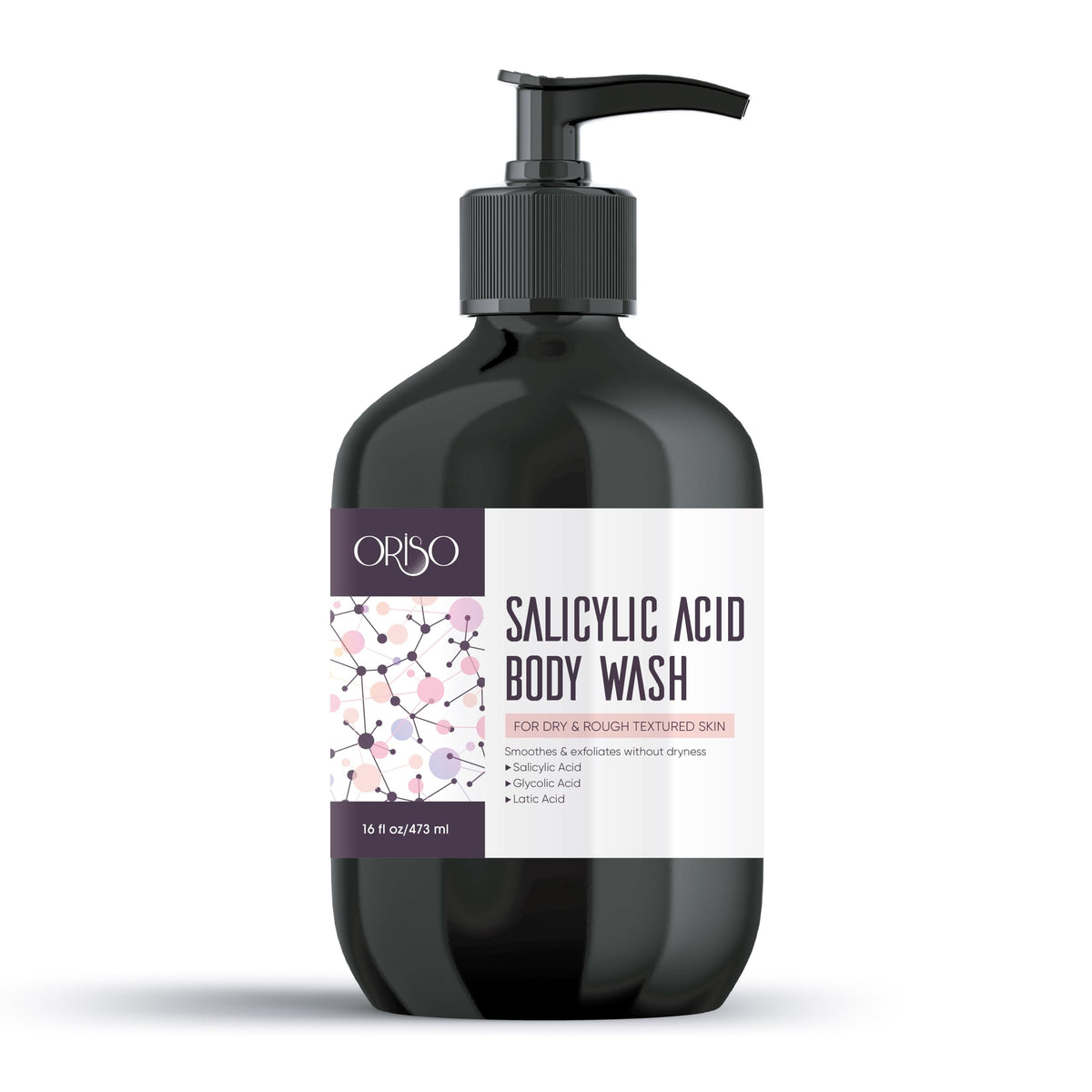 ORISO Salicylic Acid Body Wash bottle shows a refreshing exfoliating cleanse for dry skin.