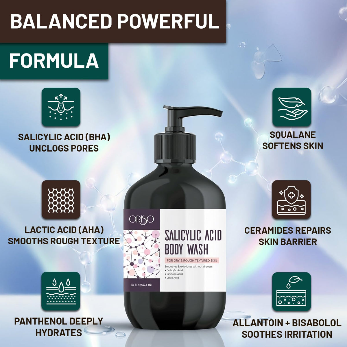 ORISO Salicylic Acid Body Wash with ceramides and squalane protects moisture barrier.