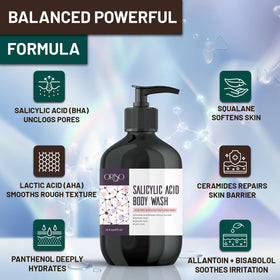 ORISO Salicylic Acid Body Wash with ceramides and squalane protects moisture barrier.