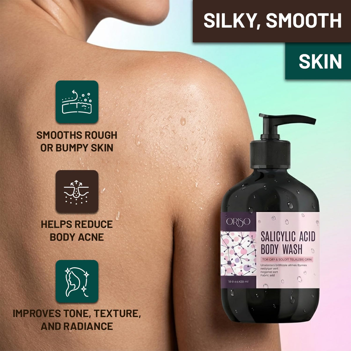 ORISO Salicylic Acid Body Wash exfoliation bubbles reveal refined texture over time.