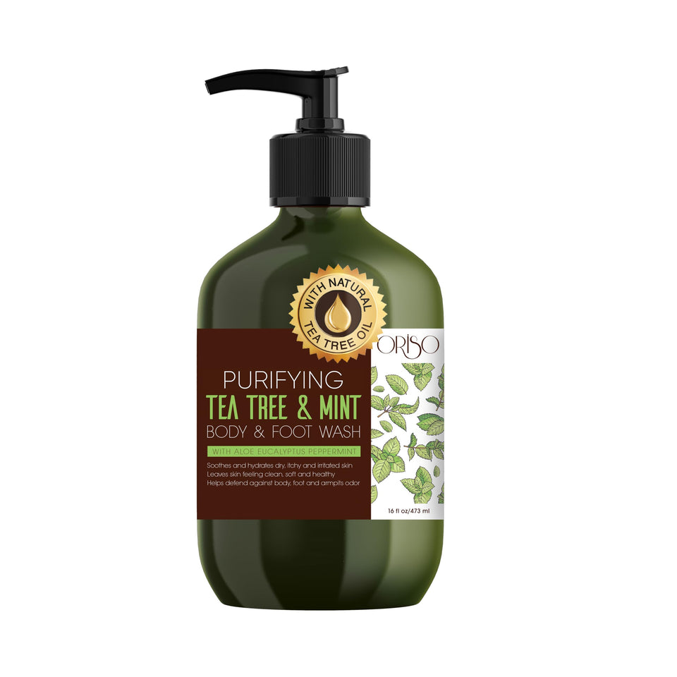ORISO Tea Tree Body Wash mint bottle offers a refreshing cleanse for active skin.