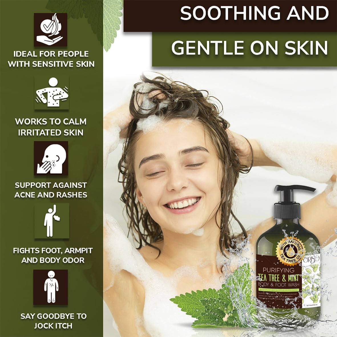 Minty foam lather from ORISO body wash refreshes skin after workouts.