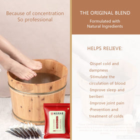 Orretter Ginger herbal foot soak packet with ginger root close-up, highlighting natural ingredients.