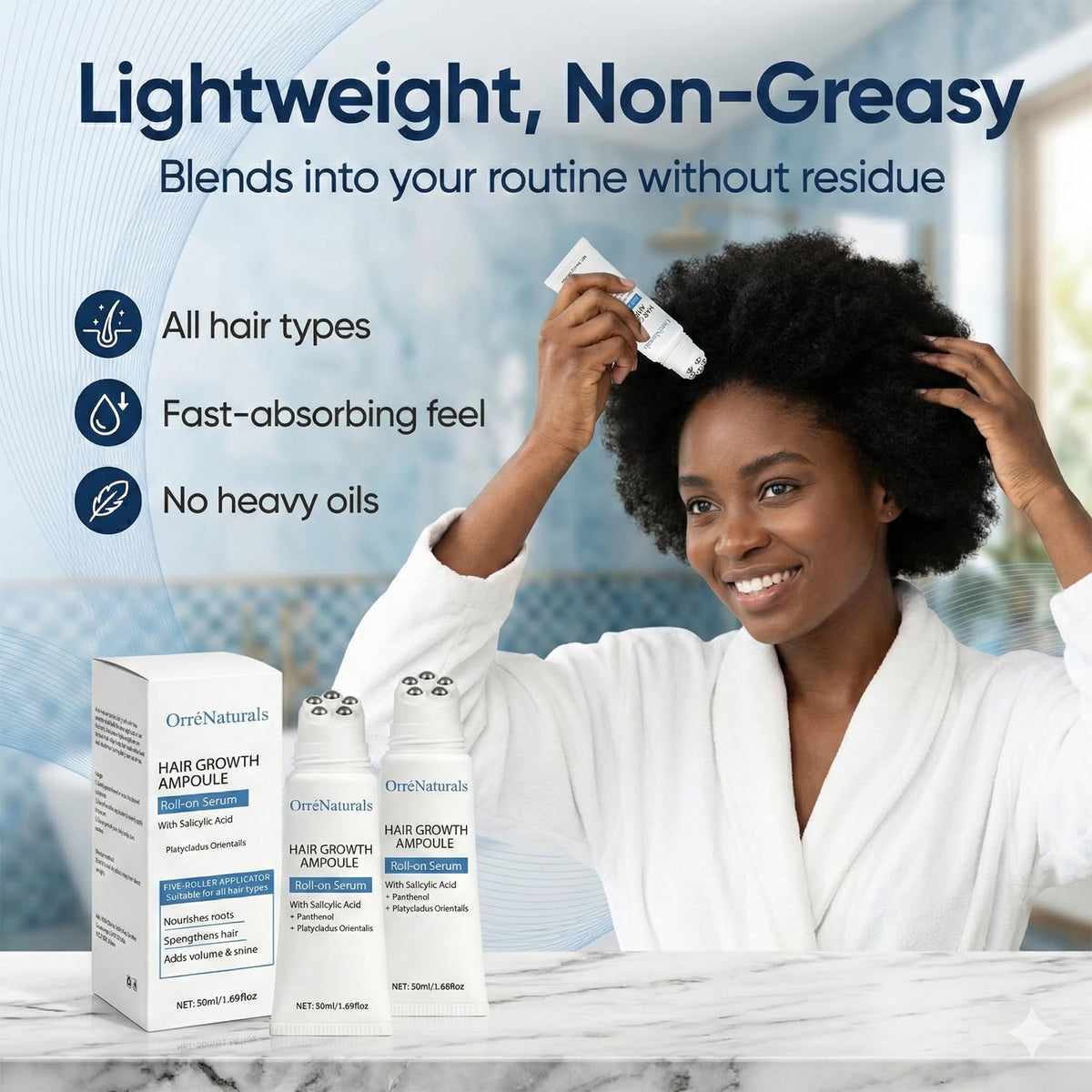 Orrenaturals Hair Revival Ampoule packaging shown, 50ml travel-friendly bottle.