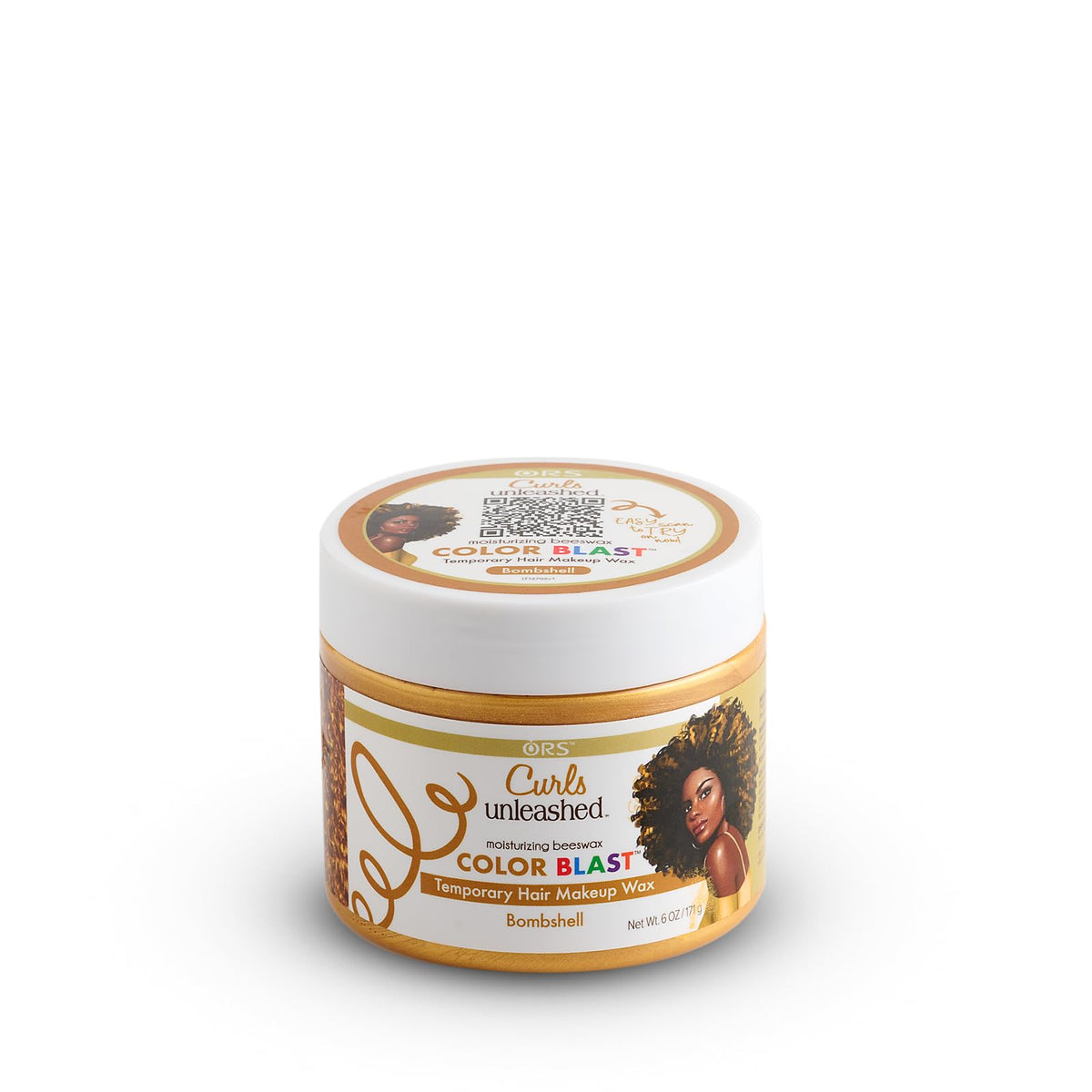 6.0 oz ORS Curls Unleashed Bombshell color swirl on hair.