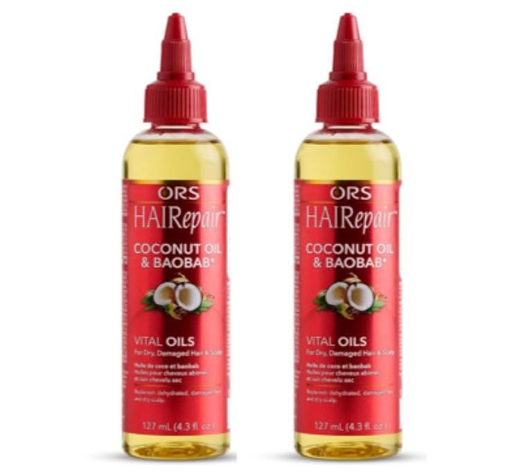 ORS HAIRepair coconut oil bottle pouring, delivering lightweight moisture for dry hair