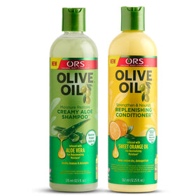 ORS Olive Oil Creamy Aloe Shampoo bottle delivering a moisturizing lather for all hair types