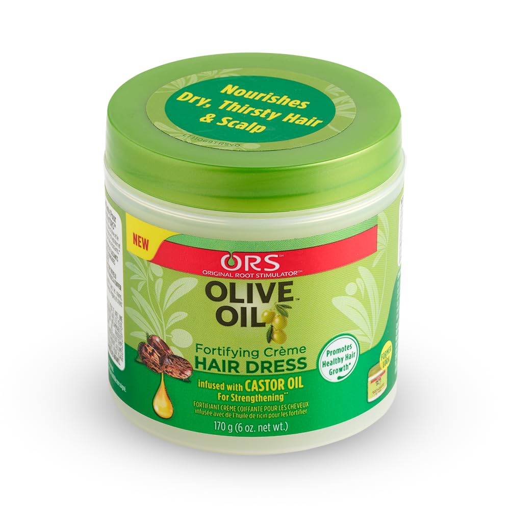 ORS Olive Oil Creme jar texture showing rich formula for silky, shiny strands.