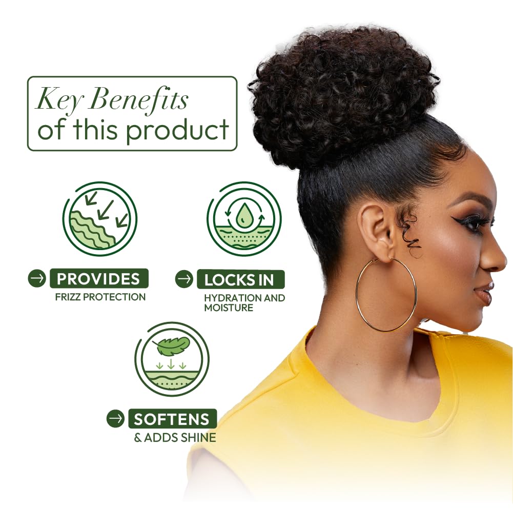 ORS Olive Oil Glossing Polisher on hair reduces frizz and adds softness.