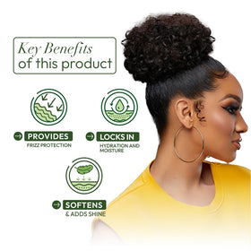 ORS Olive Oil Glossing Polisher on hair reduces frizz and adds softness.
