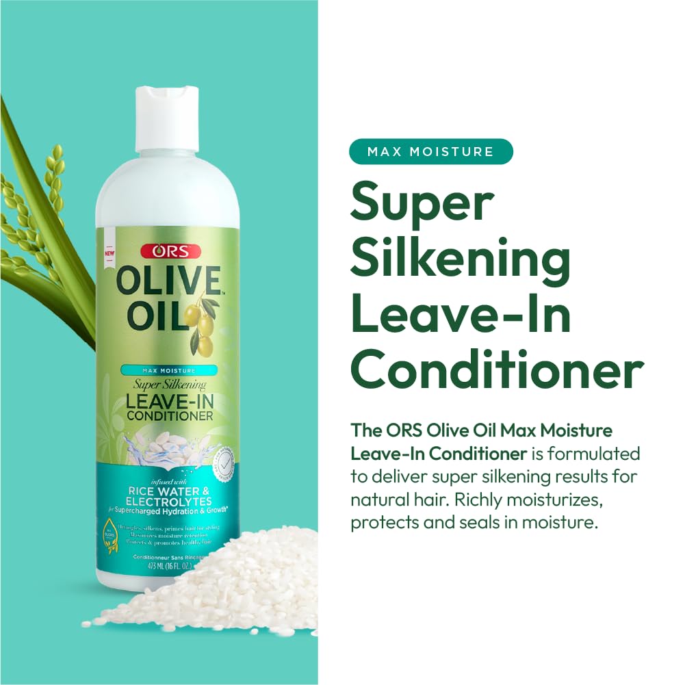 ORS Olive Oil Max Moisture Leave-In Bottle close-up shows creamy texture for detangling