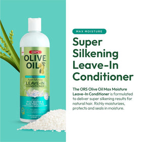 ORS Olive Oil Max Moisture Leave-In Bottle close-up shows creamy texture for detangling