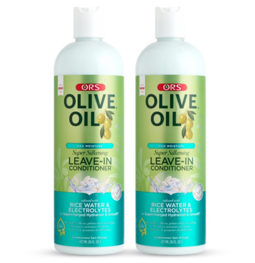 ORS Olive Oil Max Moisture Leave-In Conditioner packaging shows two 16 oz bottles for hydration