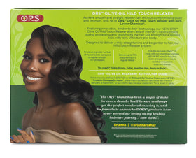 ORS Olive Oil Mild Touch Relaxer packaging highlights 60% lower chemical content