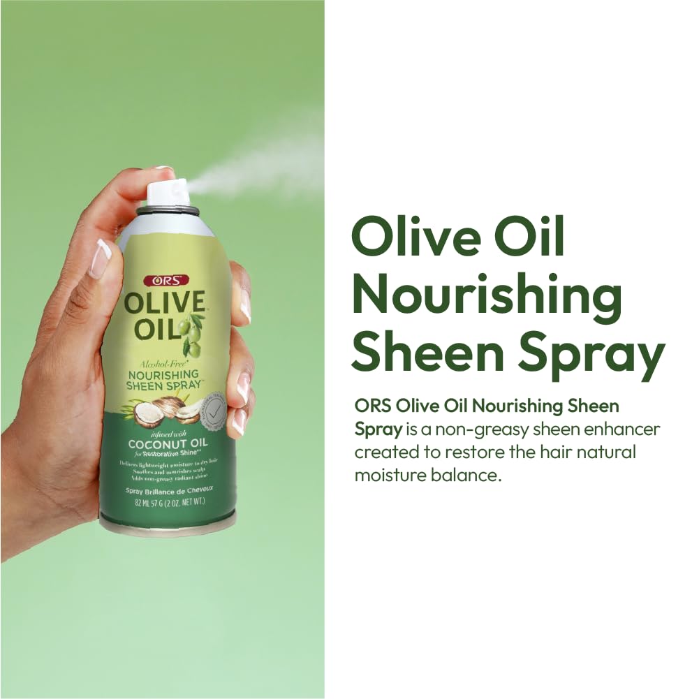 ORS Olive Oil Nourishing Sheen Spray in action applying shine to textured hair.