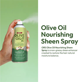 ORS Olive Oil Nourishing Sheen Spray in action applying shine to textured hair.