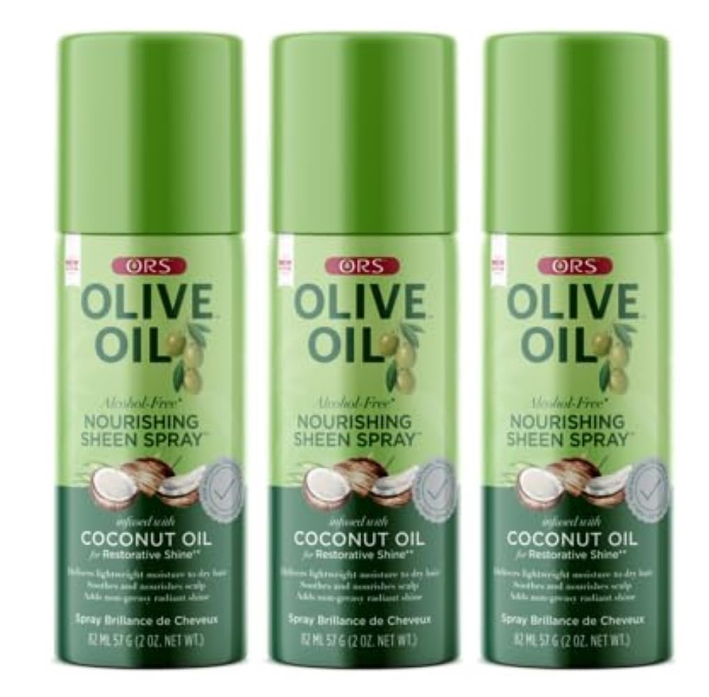 ORS Olive Oil Nourishing Sheen Spray bottle provides balanced shine without weighing hair.