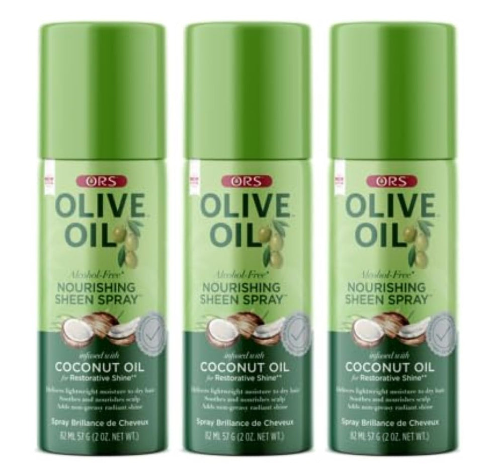 ORS Olive Oil Nourishing Sheen Spray bottle provides balanced shine without weighing hair.