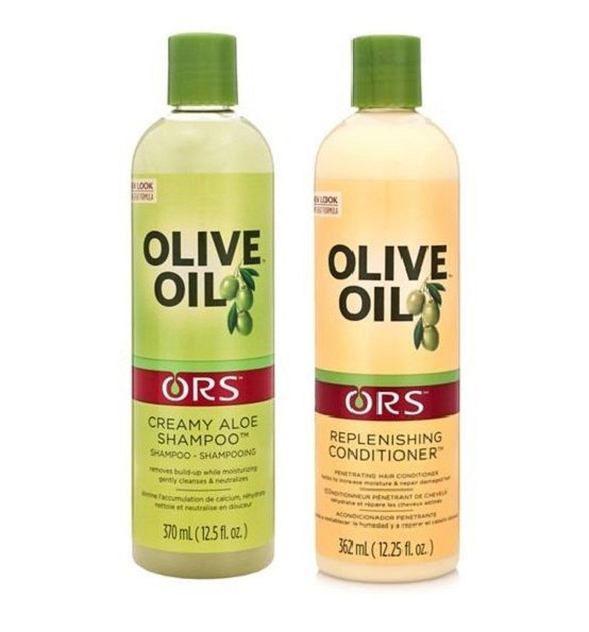 ORS Olive Oil Replenishing Conditioner bottle aids detangling for silky, manageable hair