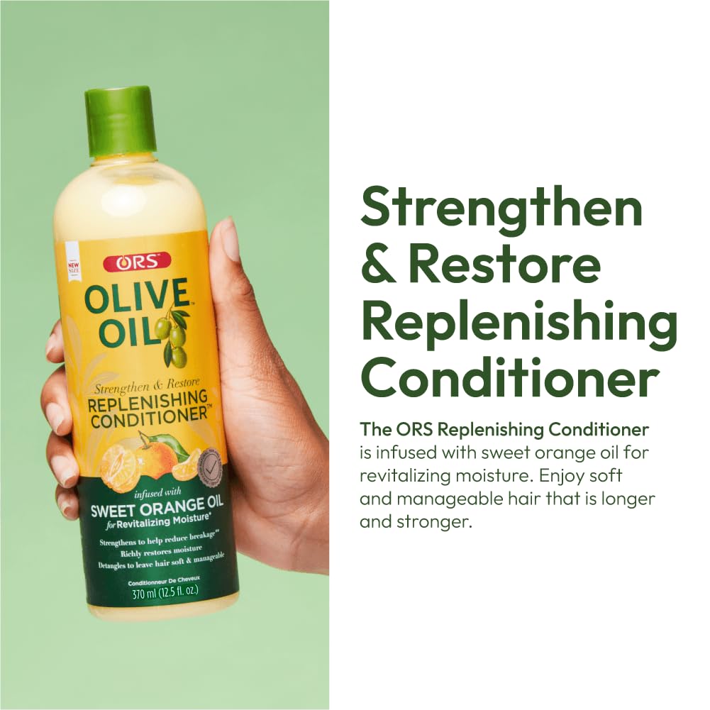 ORS Olive Oil Strengthen Nourish conditioner label front shows key ingredients