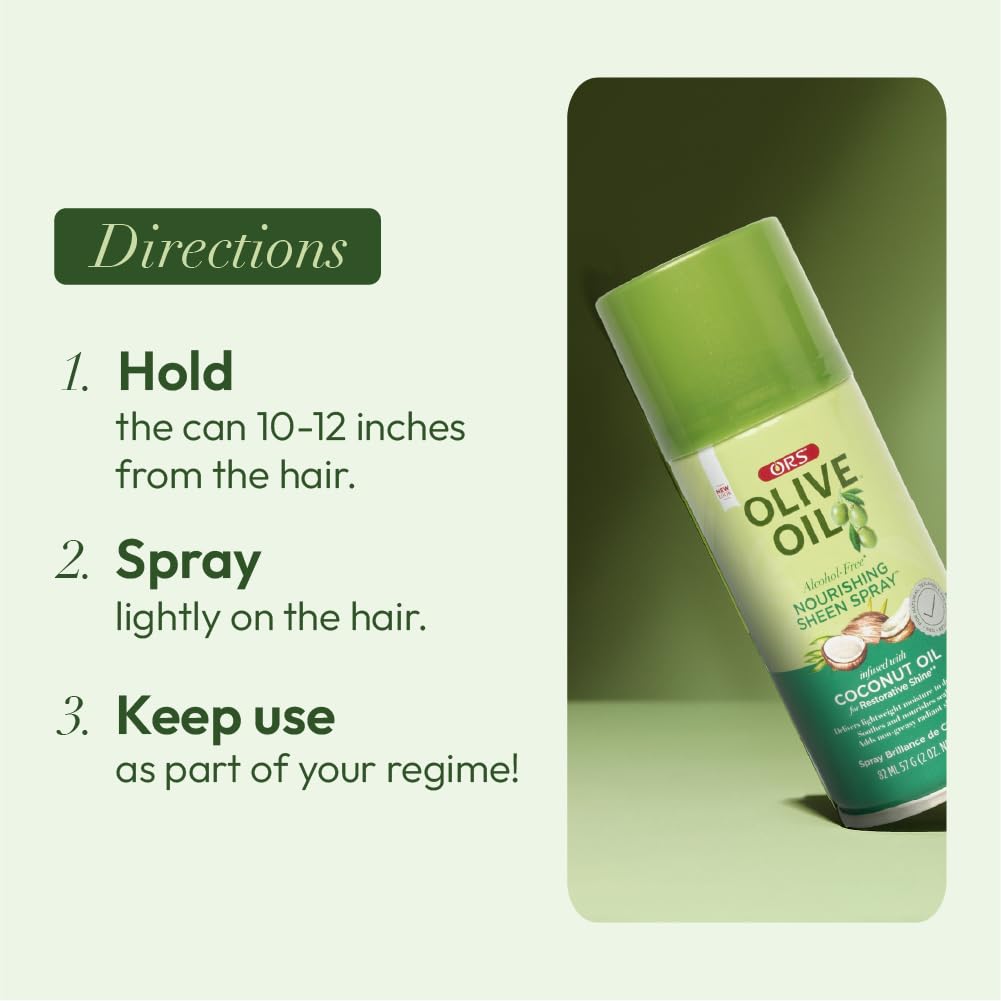 ORS Olive Oil sheen spray enhances daily routine with soft luster.