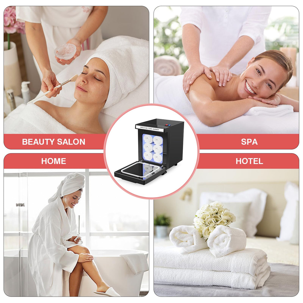 ORSUCCDE towel warmer on counter for quick spa prep.