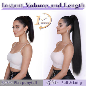 ORSUNCER Drawstring Ponytail Extension clip-in attachment shows secure fit.