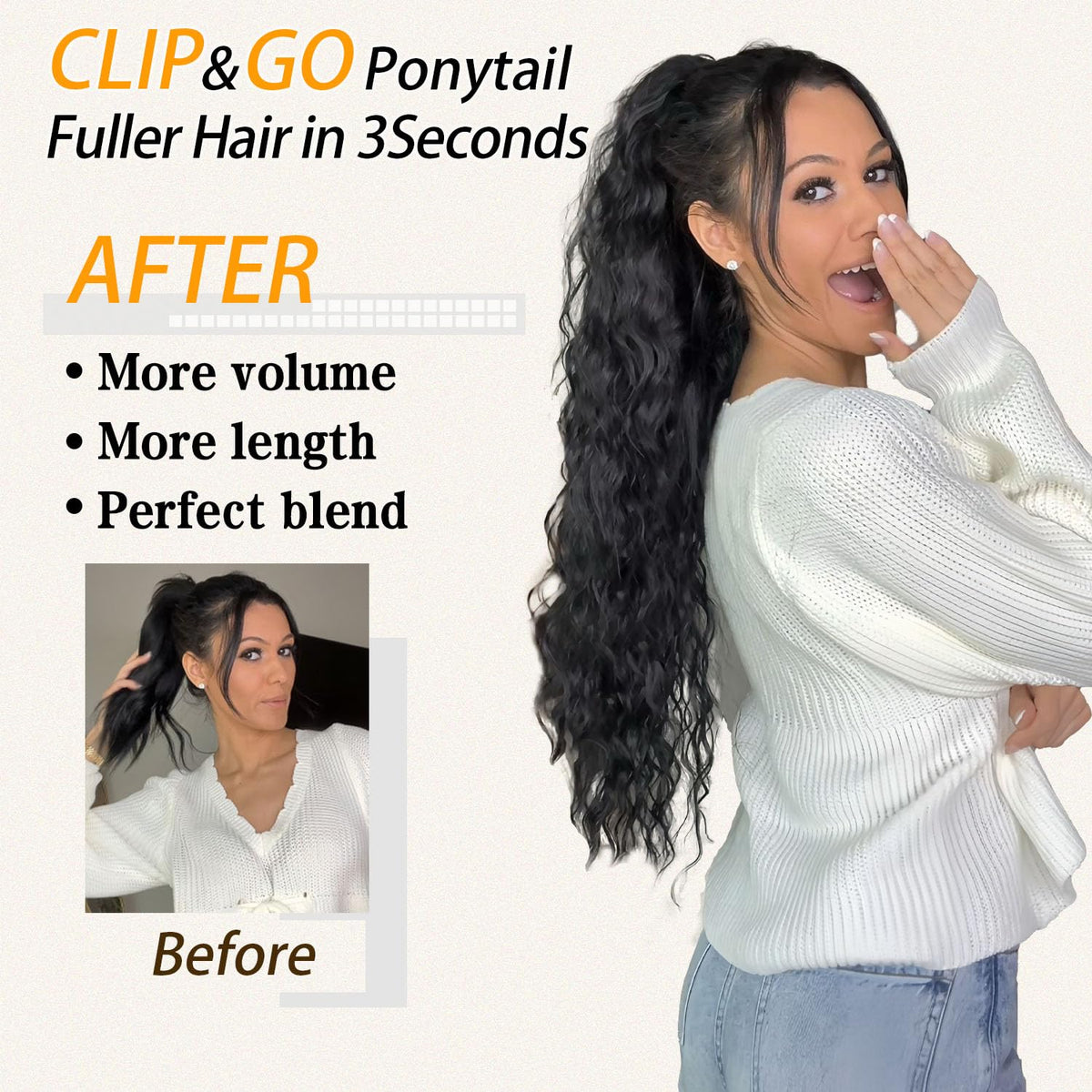 ORSUNCER drawstring ponytail option for fuller backswept looks.