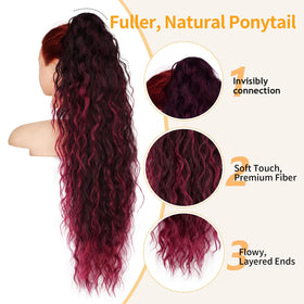 ORSUNCER fluffy curly synthetic hairpiece in ombre burgundy adds volume.