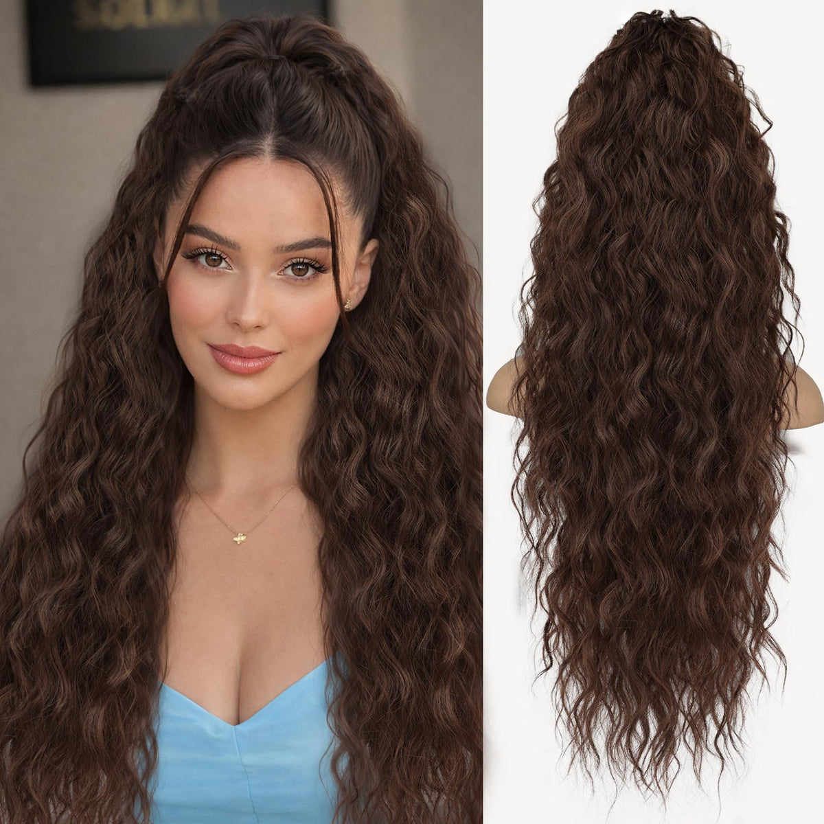 ORSUNCER ponytail clip close-up shows secure attachment and lush 30-inch curls