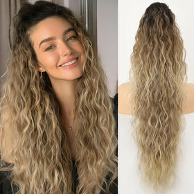 ORSUNCER ponytail extension with claw clip adds dramatic 30-inch curls from black root to blonde ombre.
