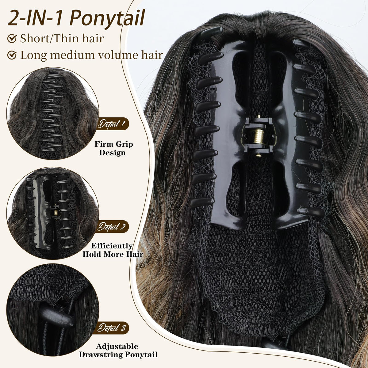 Effortless one-step clip-in design clips over bun or pony by ORSUNCER.