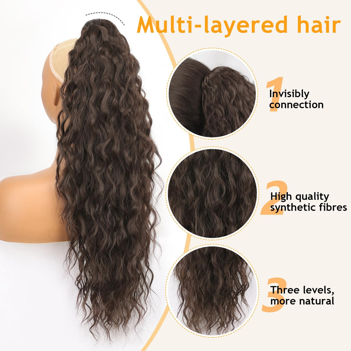 ORSUNCER clip-in ponytail in drawstring mode offers versatile styling options.