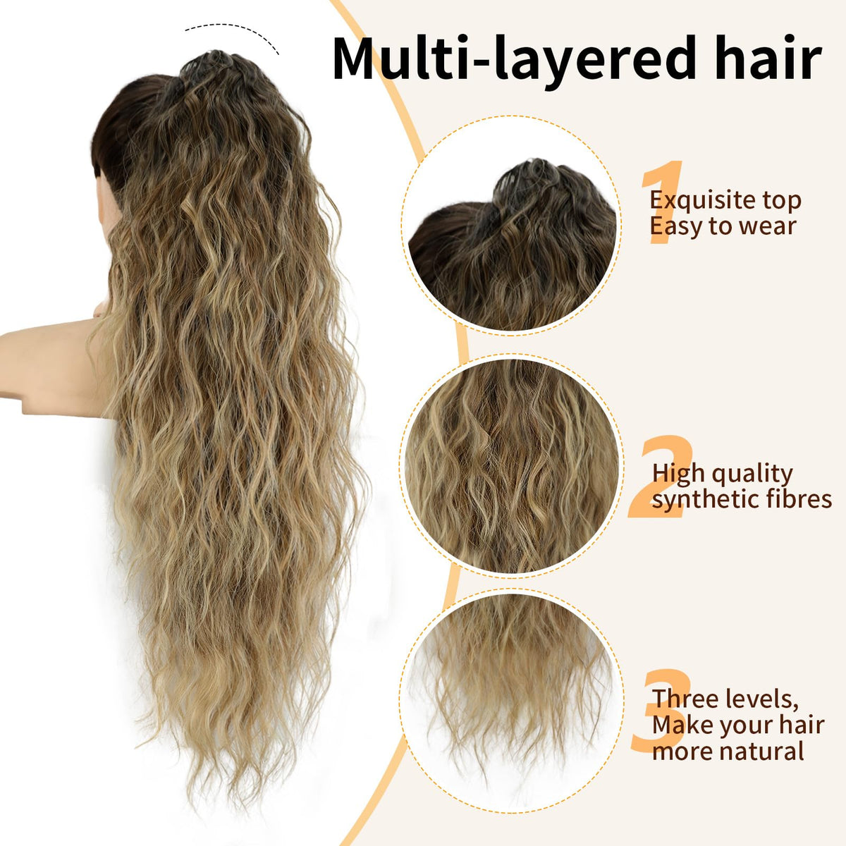 Close-up of ORSUNCER ponytail clip showing soft synthetic fibers and seamless attachment