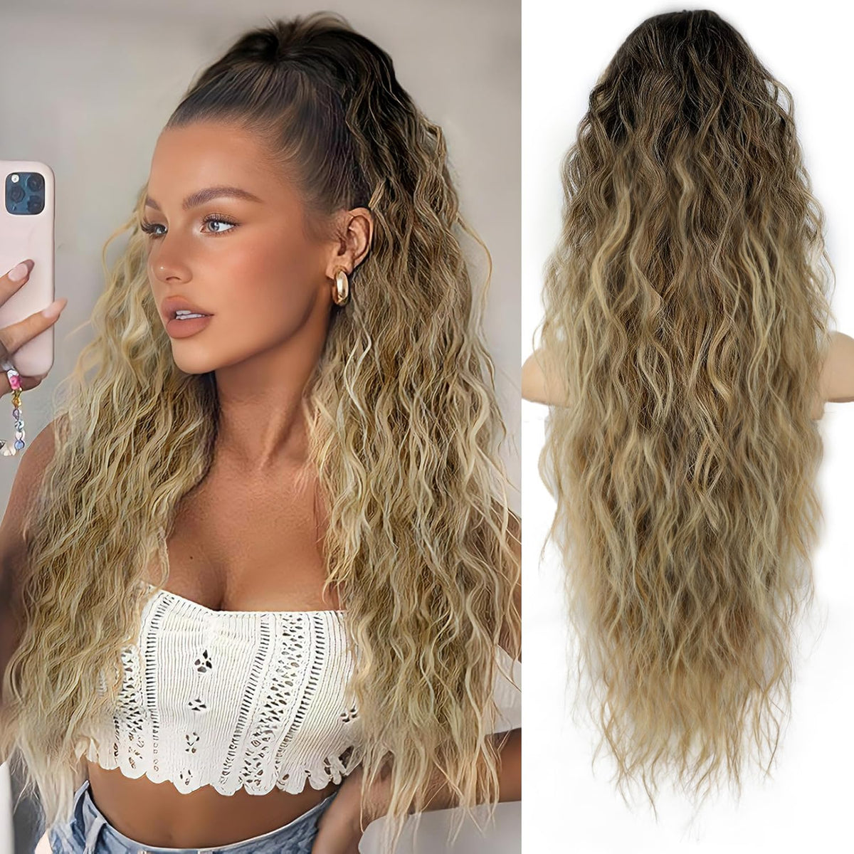 ORSUNCER 30-inch curly ponytail clip-on with ombre for effortless daily styling