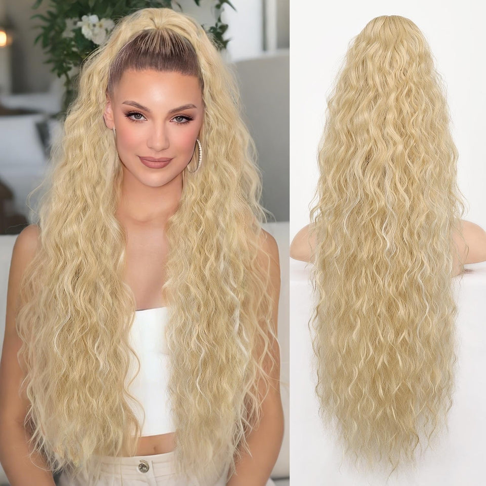 ORSUNCER Ponytail Extension 30-inch curly blond highlight adds volume and length for glamorous styles.