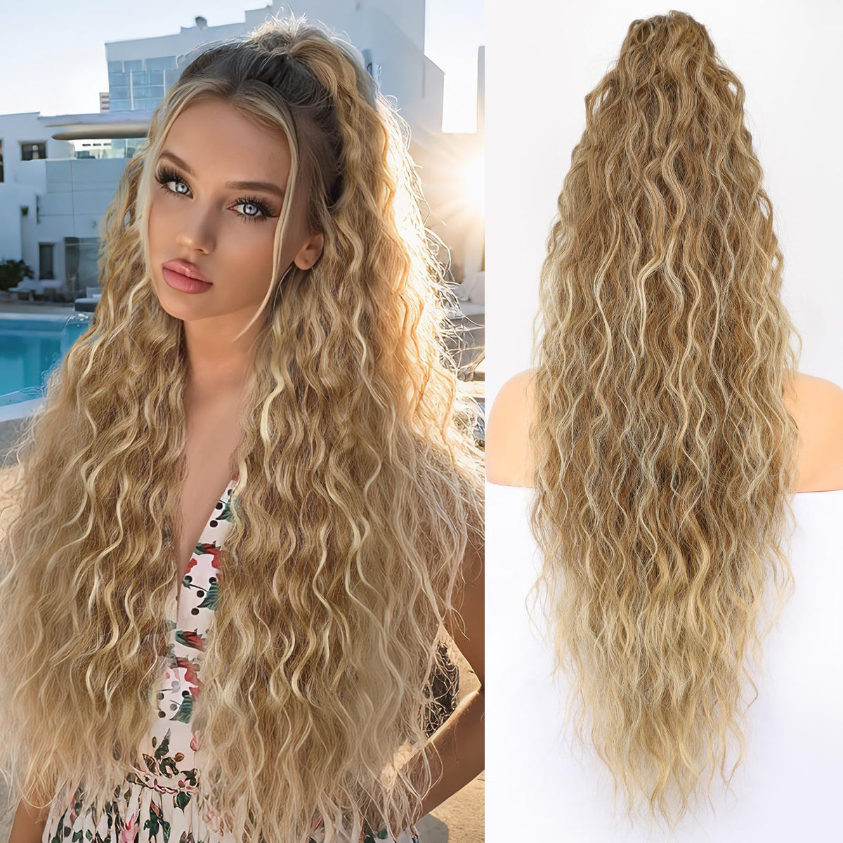 ORSUNCER ponytail extension with claw clip in 30inch curly ombre brown for smooth, secure daily wear.