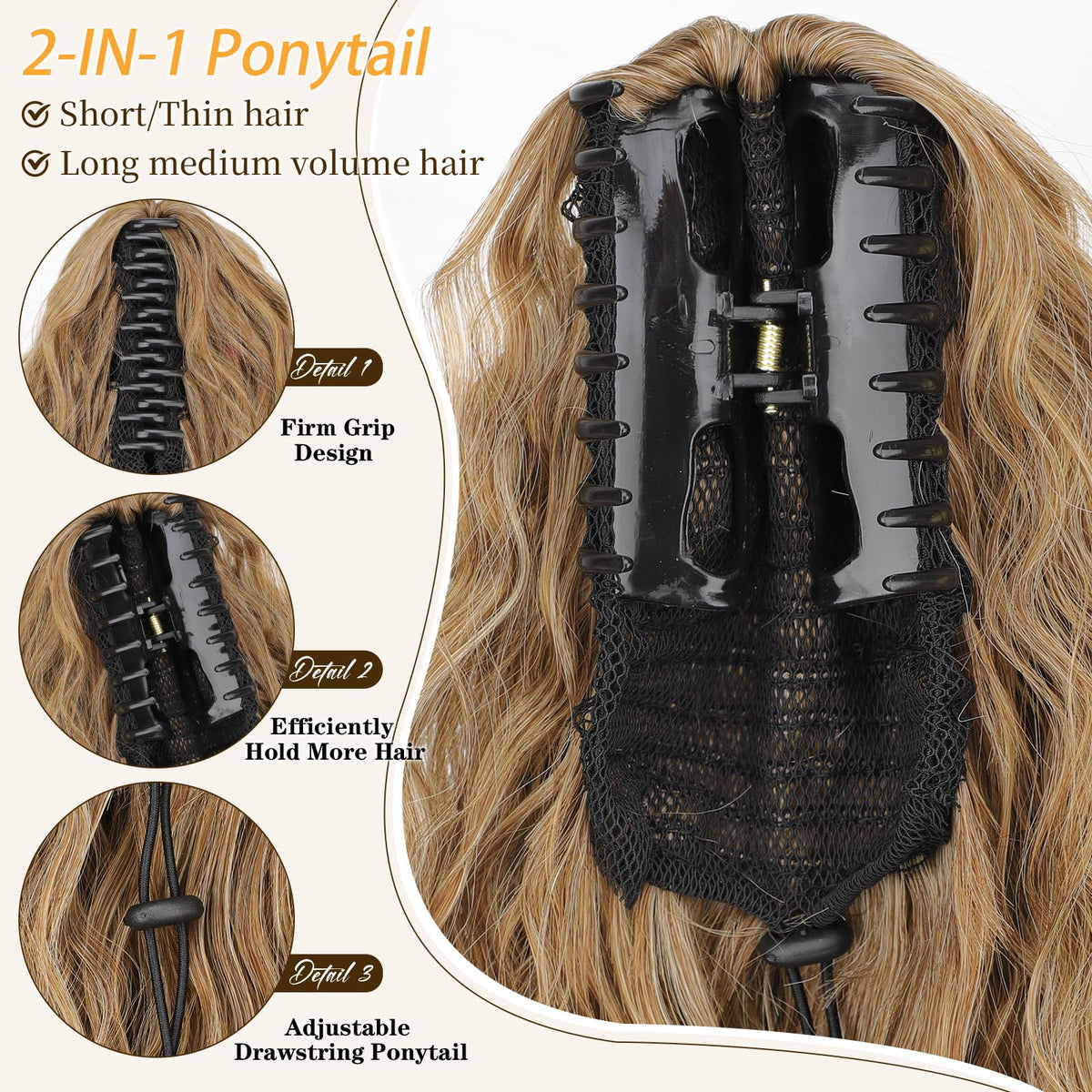 ORSUNCER drawstring ponytail demonstrates versatile wear for fuller volume and quick changes.