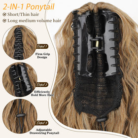 ORSUNCER drawstring ponytail demonstrates versatile wear for fuller volume and quick changes.