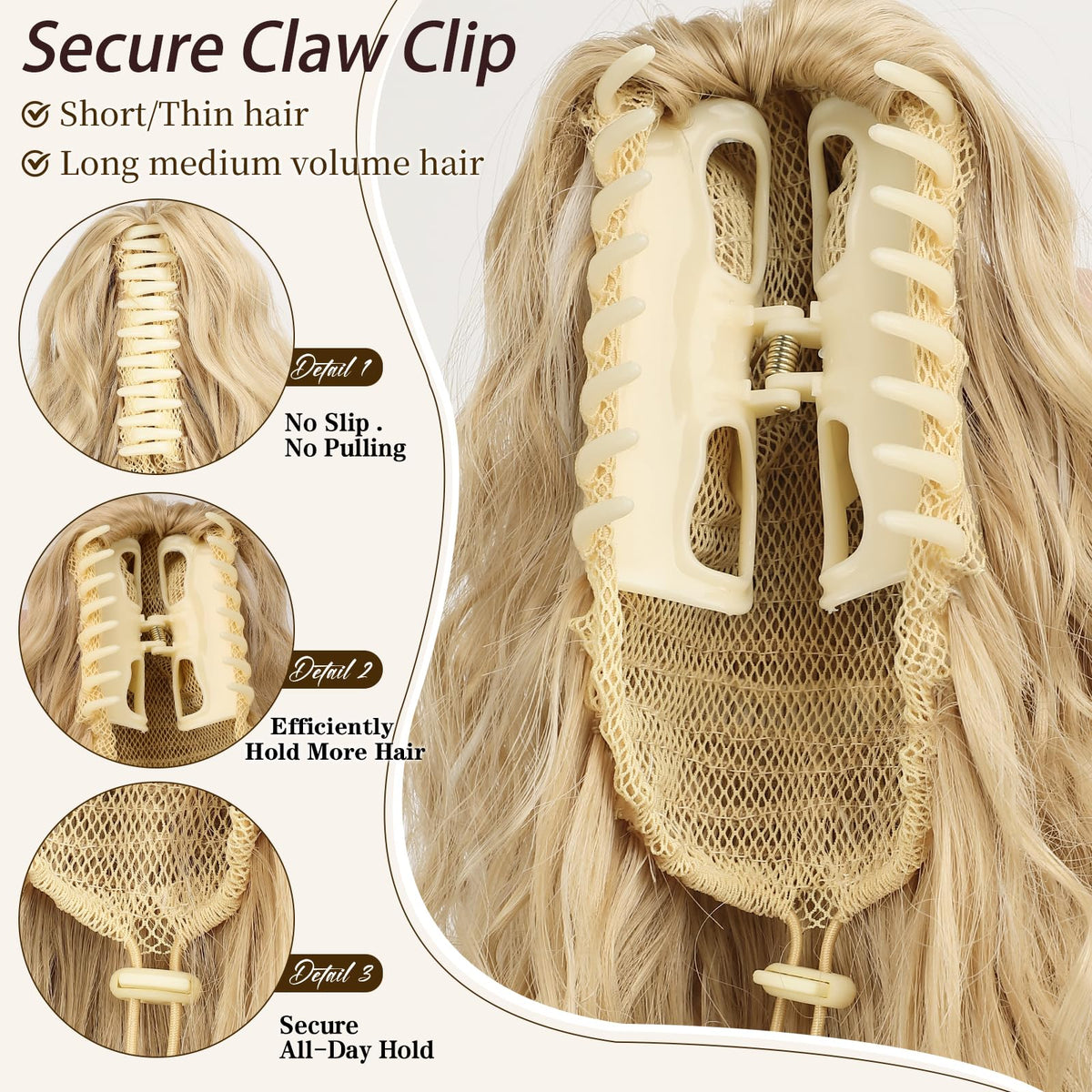 ORSUNCER ponytail wear clip application demonstrates quick effortless styling and secure hold.