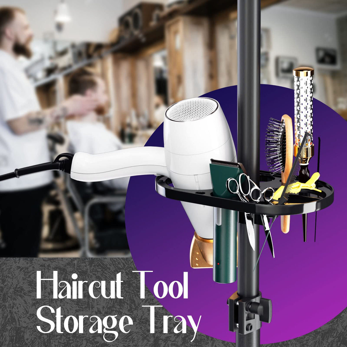 ORWOD wig head stand tool tray fixed at a height for easy access.