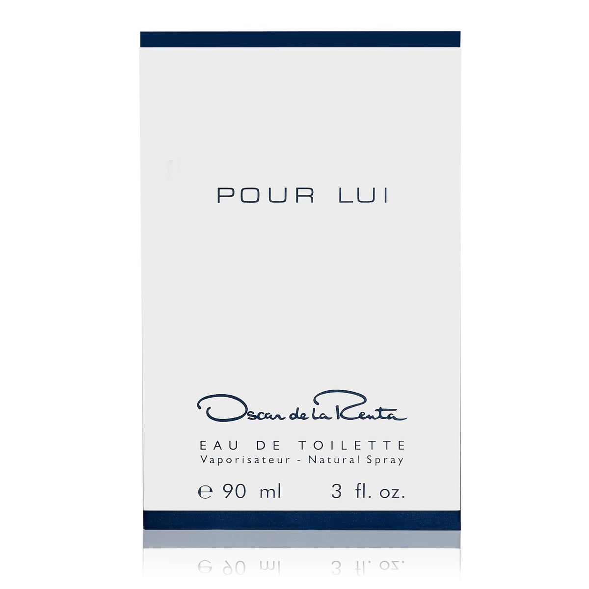 Oscar de la Renta Pour Lui bottle close-up, classic packaging for professional settings and special occasions.