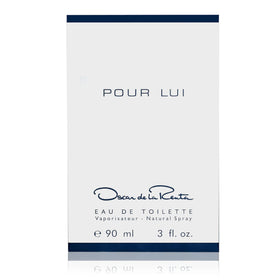 Oscar de la Renta Pour Lui bottle close-up, classic packaging for professional settings and special occasions.