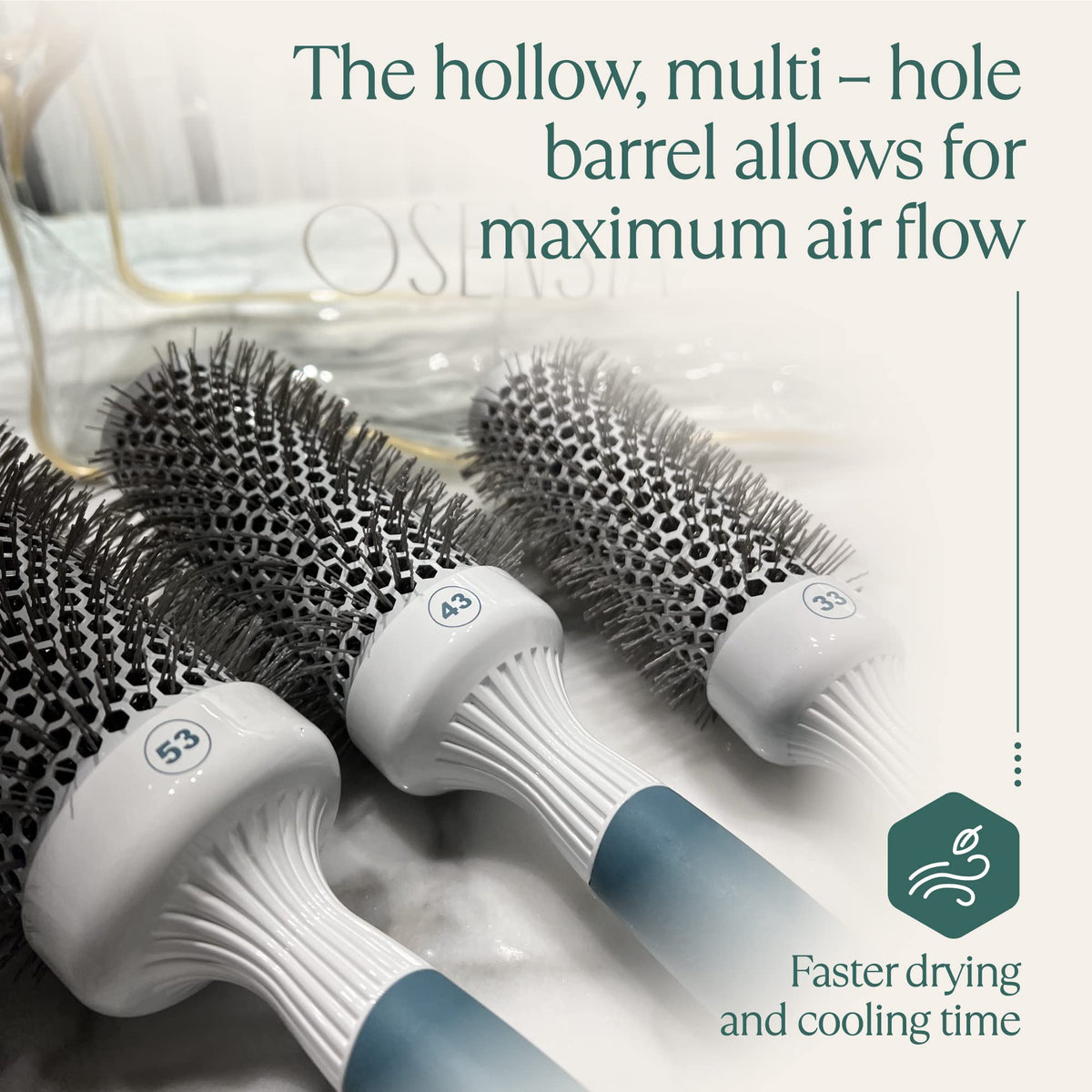 Osensia ionic mineral bristles for shine and heat resilience
