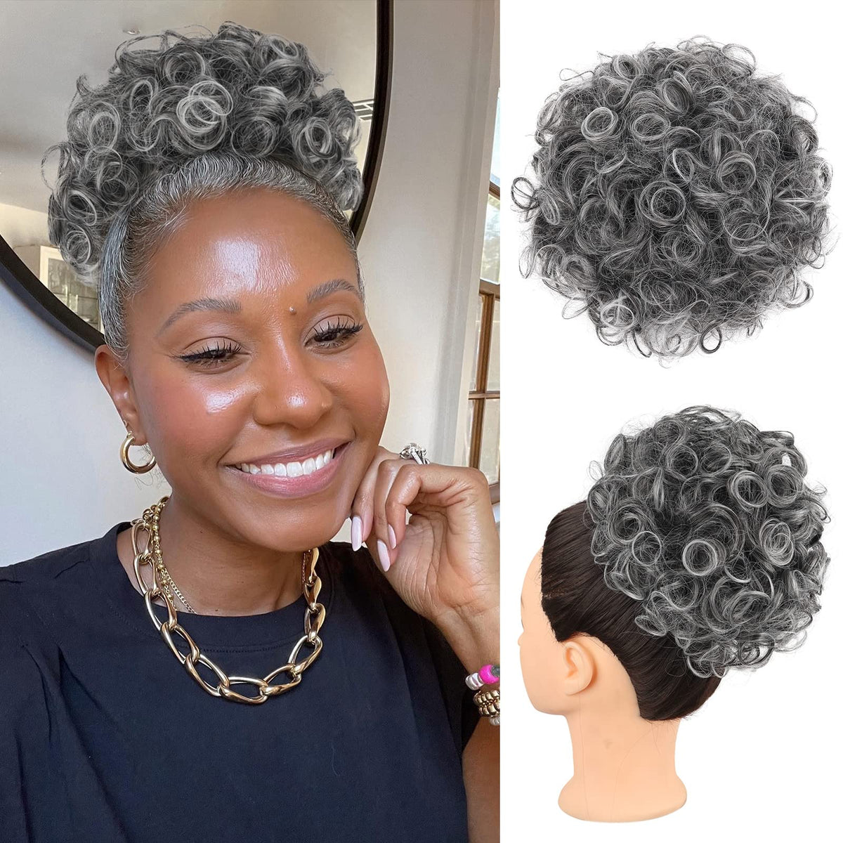 Oseti curly grey bun clip-in for natural volume and day-to-night styling.