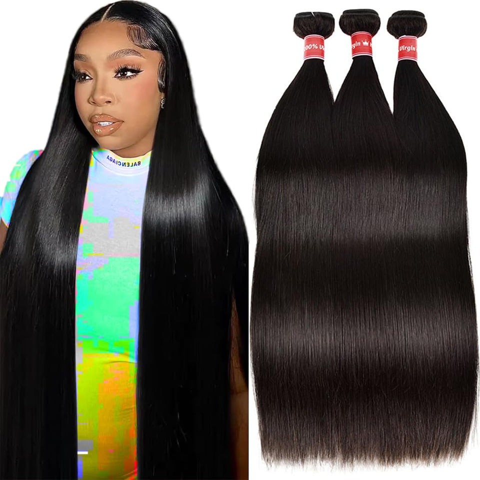 Oshiney Brazilian virgin straight hair bundles 26-30 inches for versatile styling.
